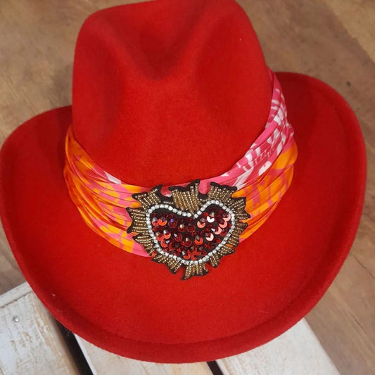 Vibrant Red Fedora with Sequin Heart and Multicolor Band