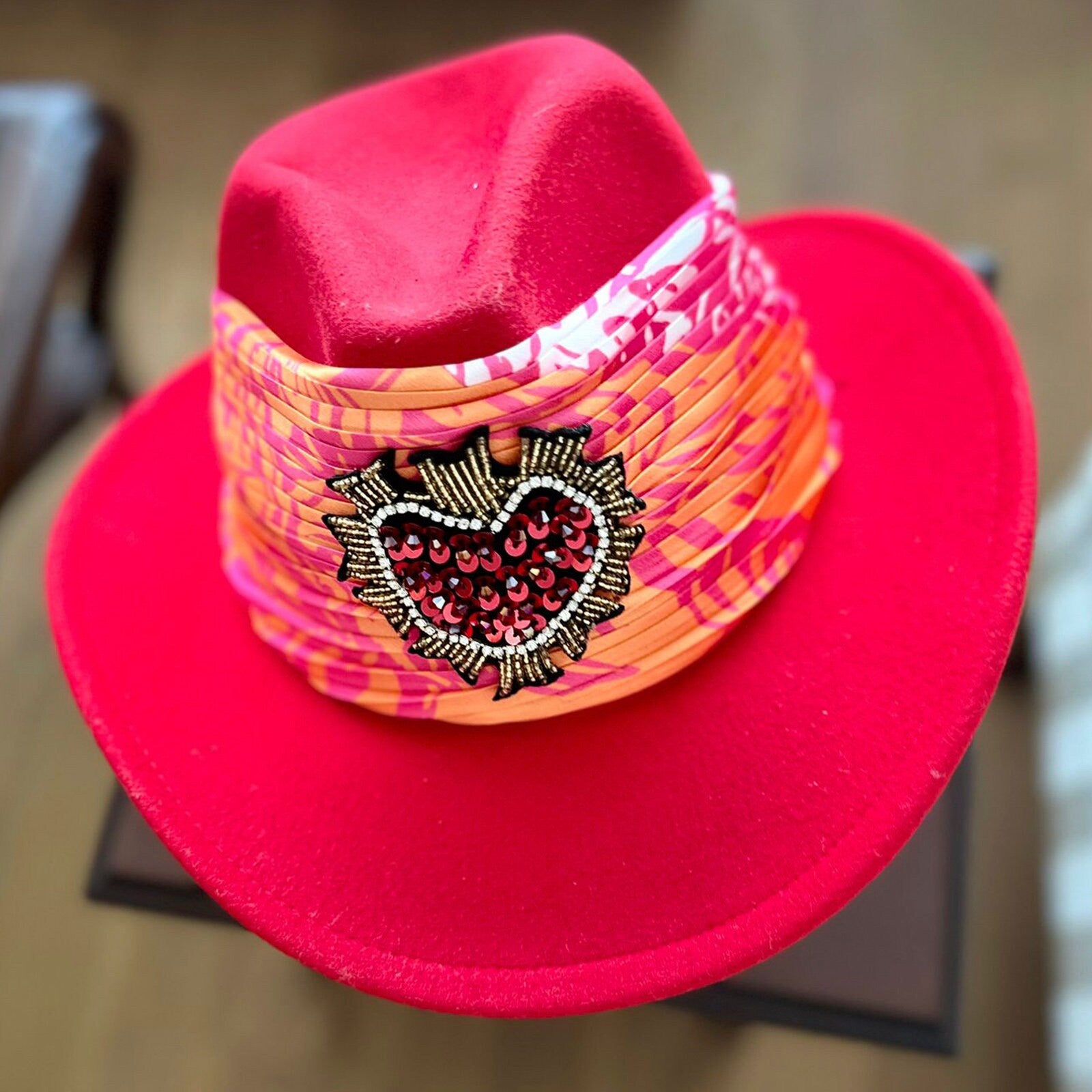 Vibrant Red Fedora with Sequin Heart and Multicolor Band