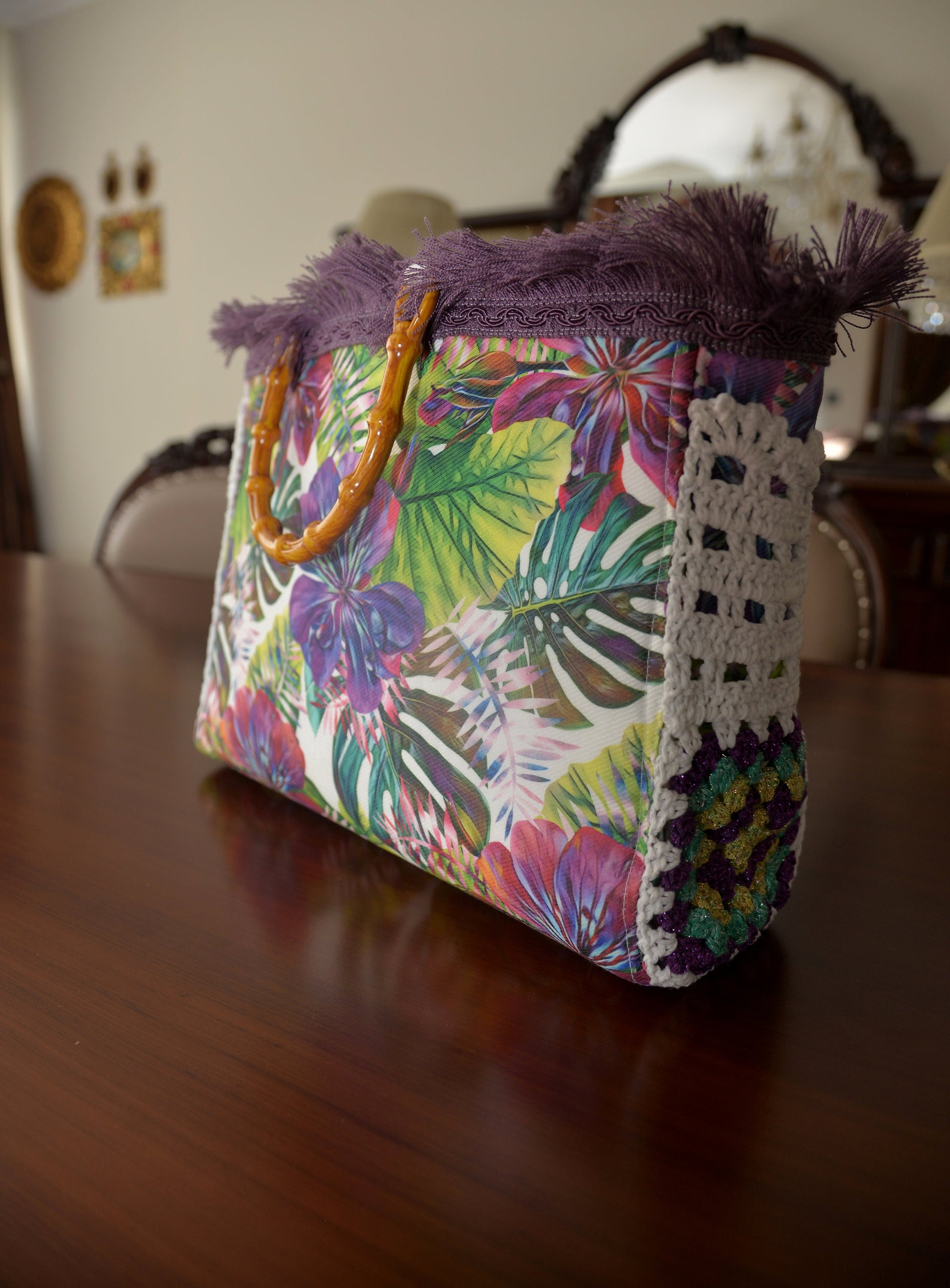 Handmade Tropical Floral Bag with Crochet Details