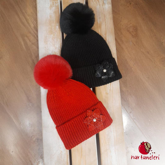 Reverse Knitting Flower Detailed Pompom Beanie