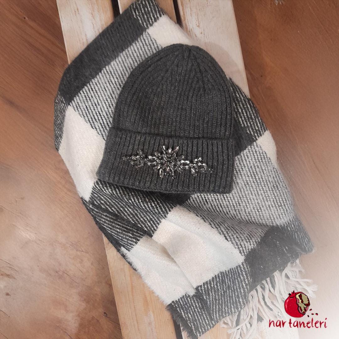Crystal Stone Embroidered Grey Beanie and Plaid Scarf Set