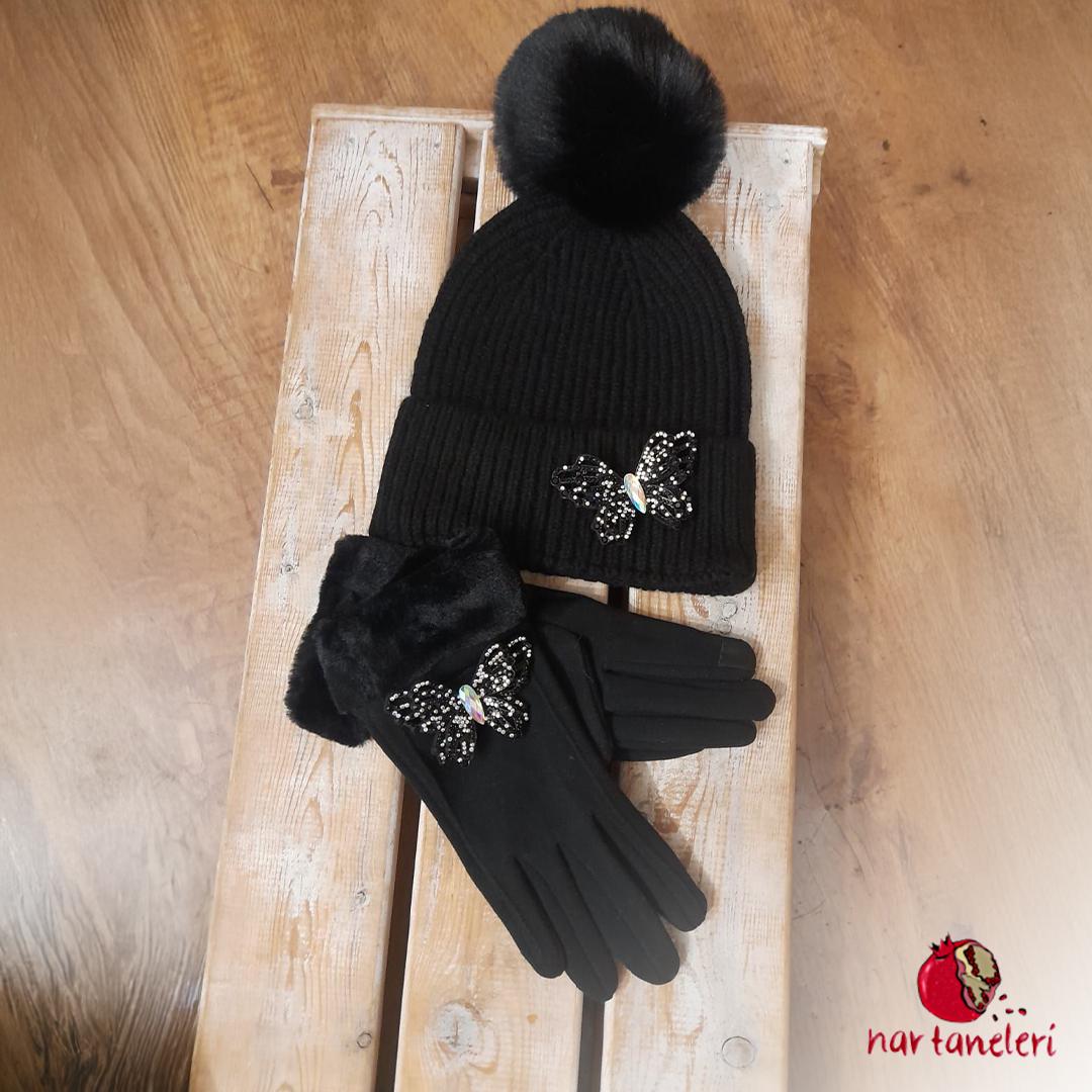 Black Sequin Butterfly Detailed Beanie and Glove Set