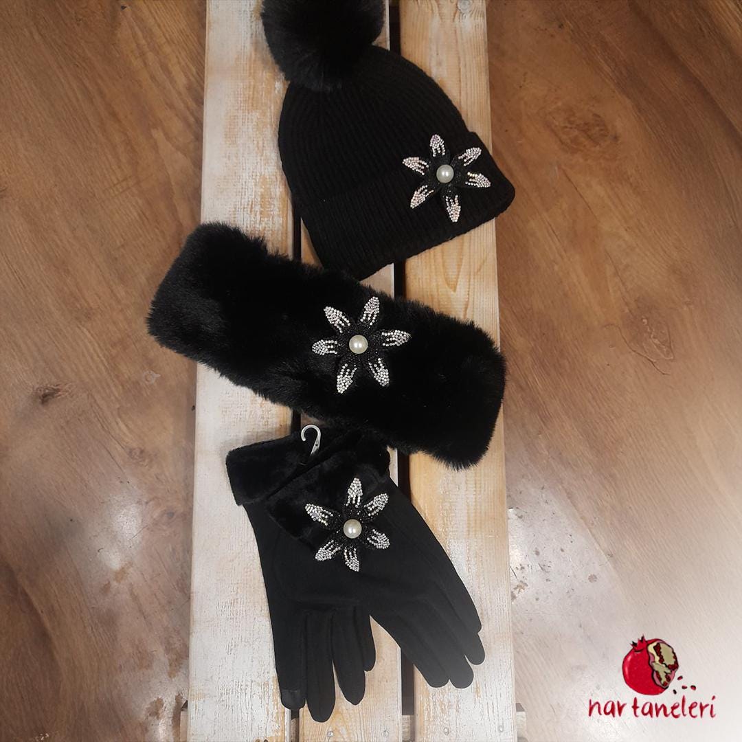 Black Triple Winter Set with Flower Detail
