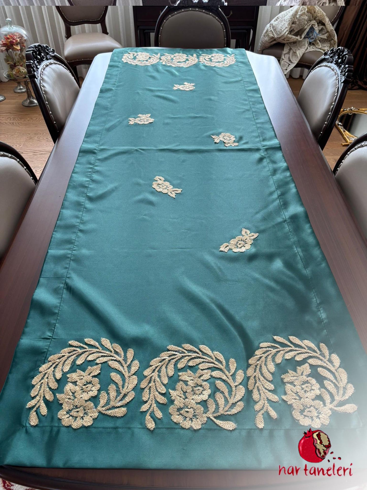 Green Satin Embroidered Table Runner