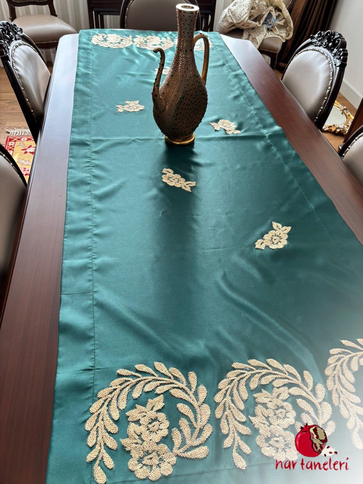 Green Satin Embroidered Table Runner