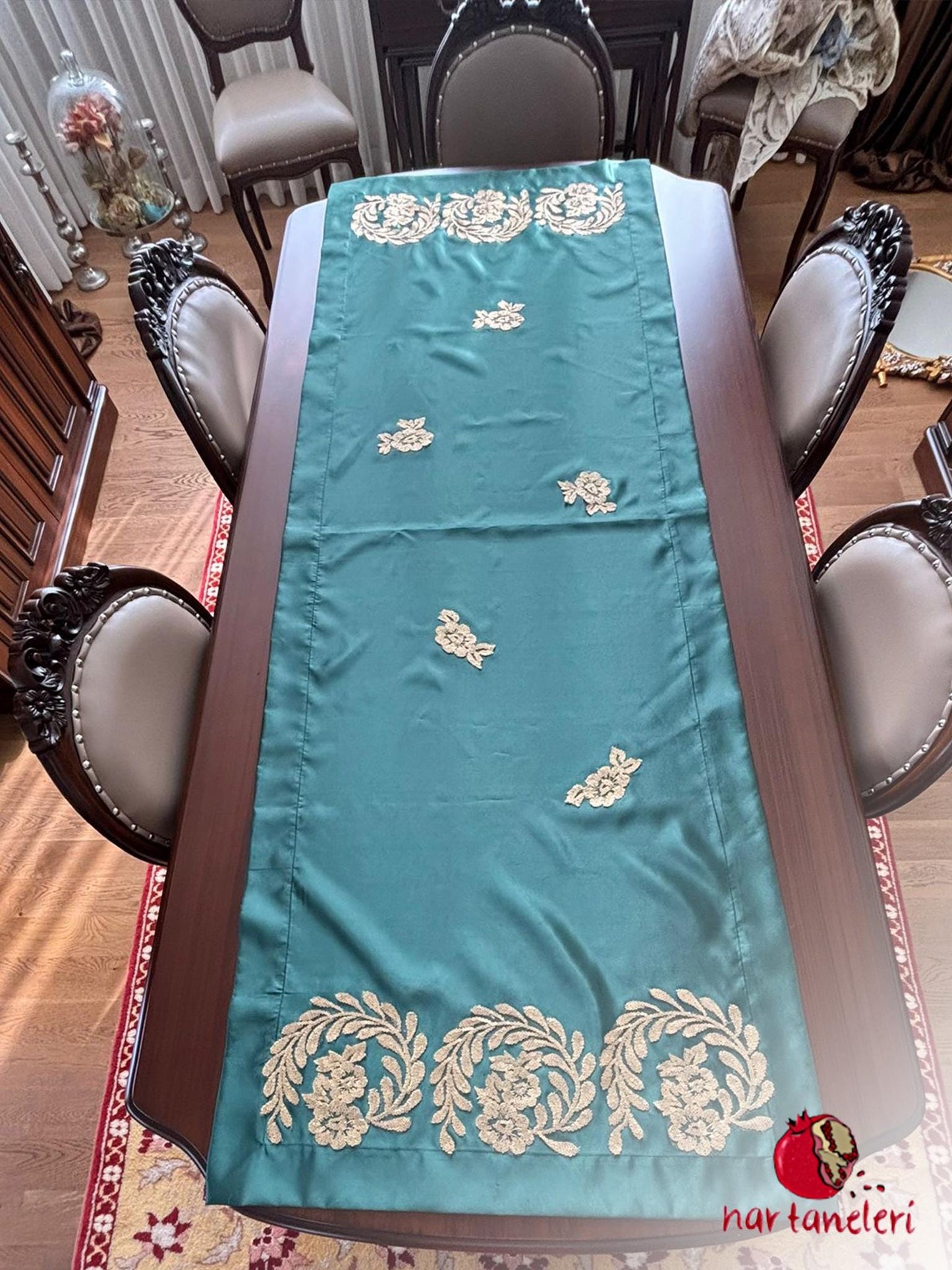 Green Satin Embroidered Table Runner