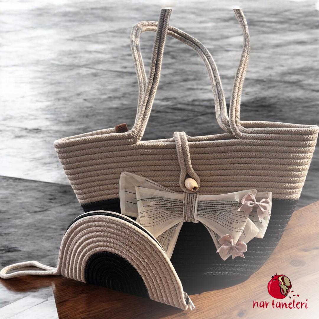 Bow-Accented Straw Handbag