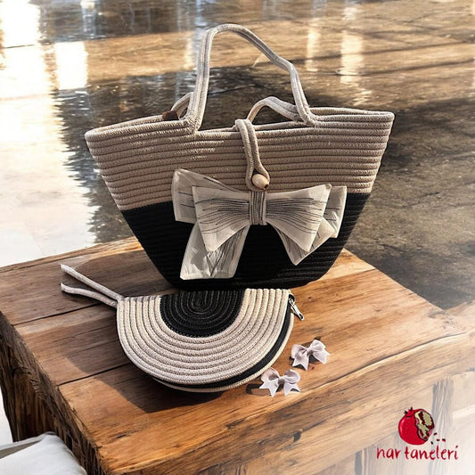 Bow-Accented Straw Handbag