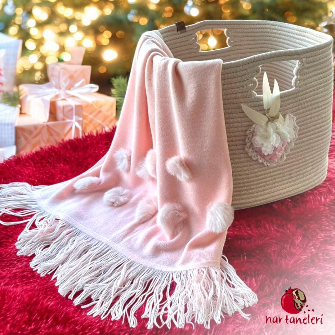 Elegant Touch of Pink: Heart Patterned Basket and Soft Polar Blanket
