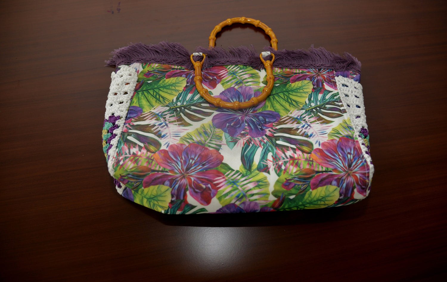 Handmade Tropical Floral Bag with Crochet Details
